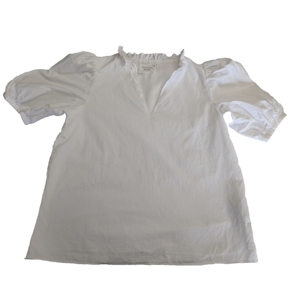 Hyacinth House White Puff Sleeve Ruffle V-Neck Blouse Top S Boho Y2K